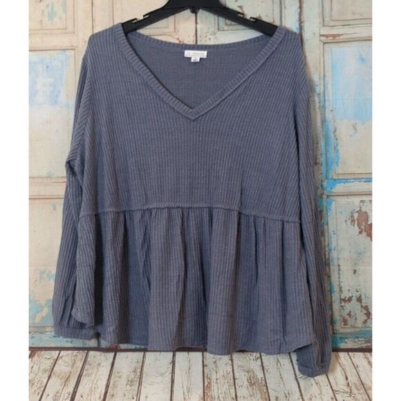 LA Threads Womens Size 2X Dusty Blue Ruffle V Neck Long Sleeve Peplum Blouse Top - Picture 2 of 9